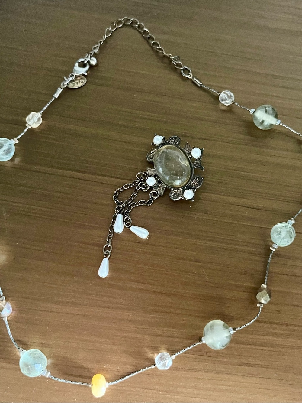 Vintage-Inspired Pale Green Glass Bead Pendant Necklace and Brooch
